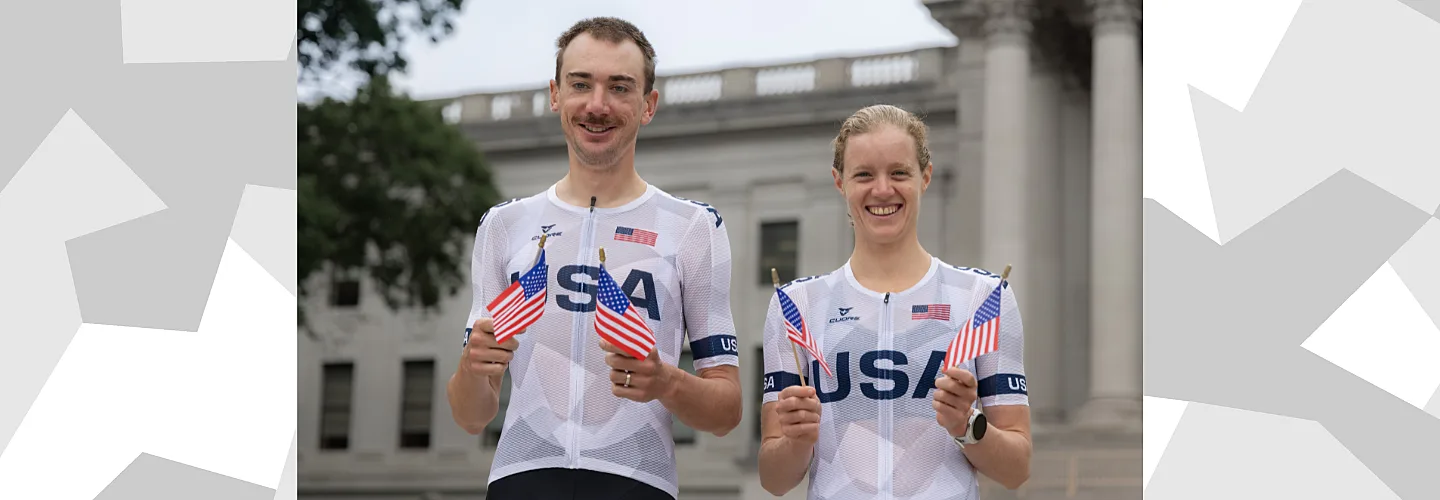 Team USA athletes holding American flags.
