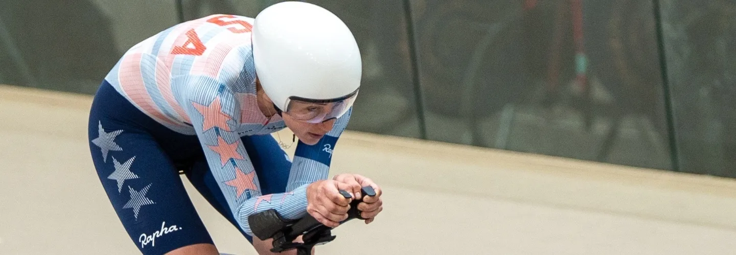 Kristen Faulkner riding a track bike